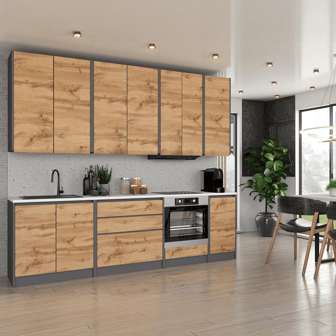 Zestaw Mebli Kuchennych Bezuchwytowy 260 cm Zabudowa Piekarnika