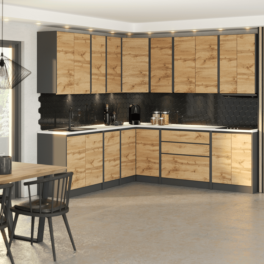 Zestaw Mebli Kuchennych Narożny Bezuchwytowy Z Zabudową Do Piekarnika